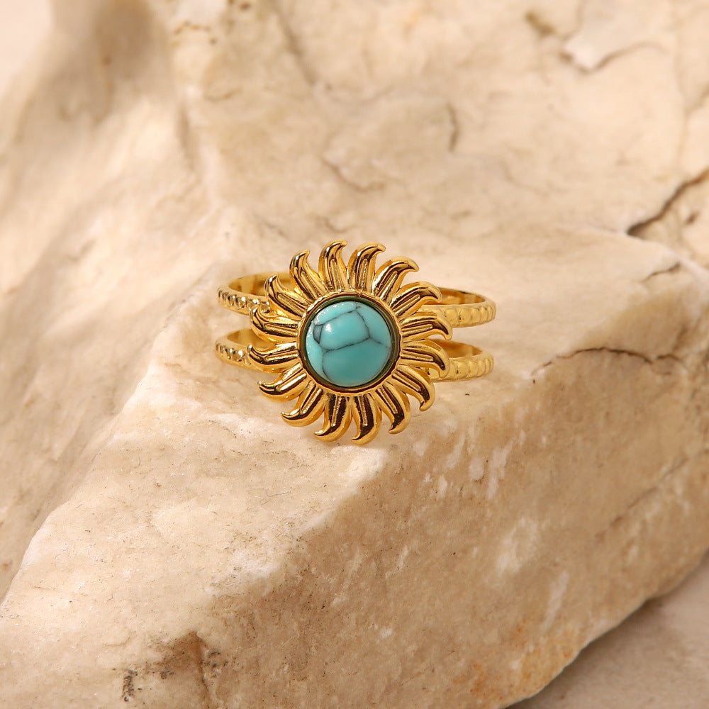 French Retro 18K Gold-plated Stainless Steel Inlaid Turquoise Ring For Women