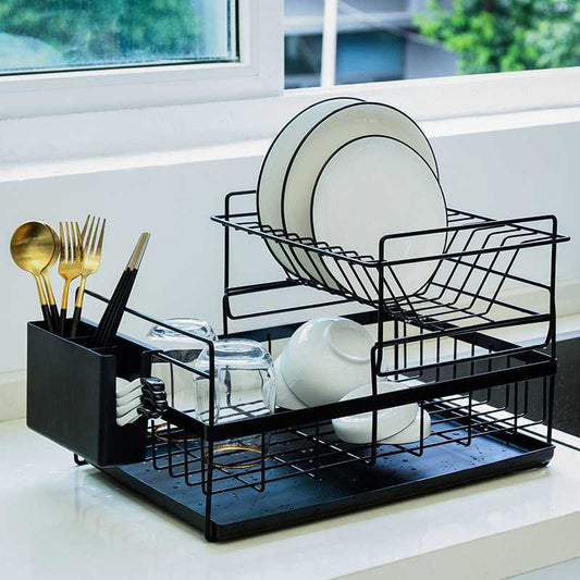 Double Tier Metal Wire Dish Rack - Kitchen Sink Draining Storage