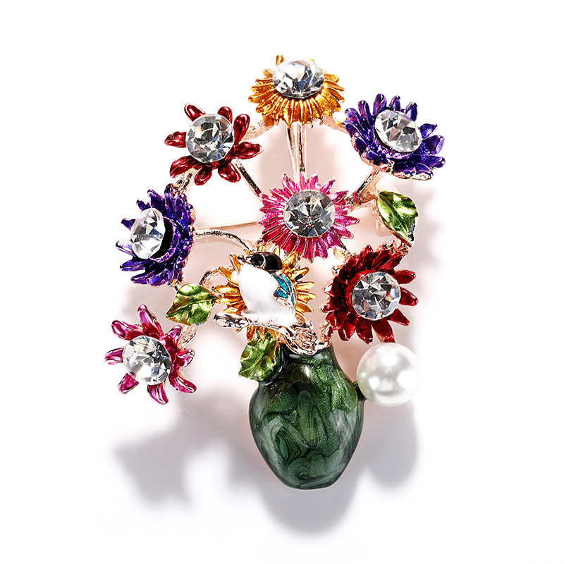 Painted Vase Flower Arrangement Brooch - Artistic Floral Jewelry