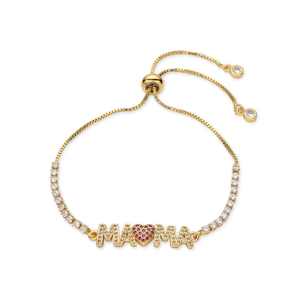 Women's Gold Mother's Day Color Zirconium Heart Push-pull Bracelet