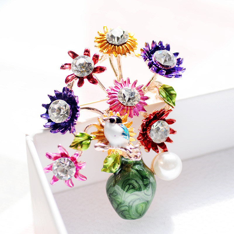 Painted Vase Flower Arrangement Brooch - Artistic Floral Jewelry