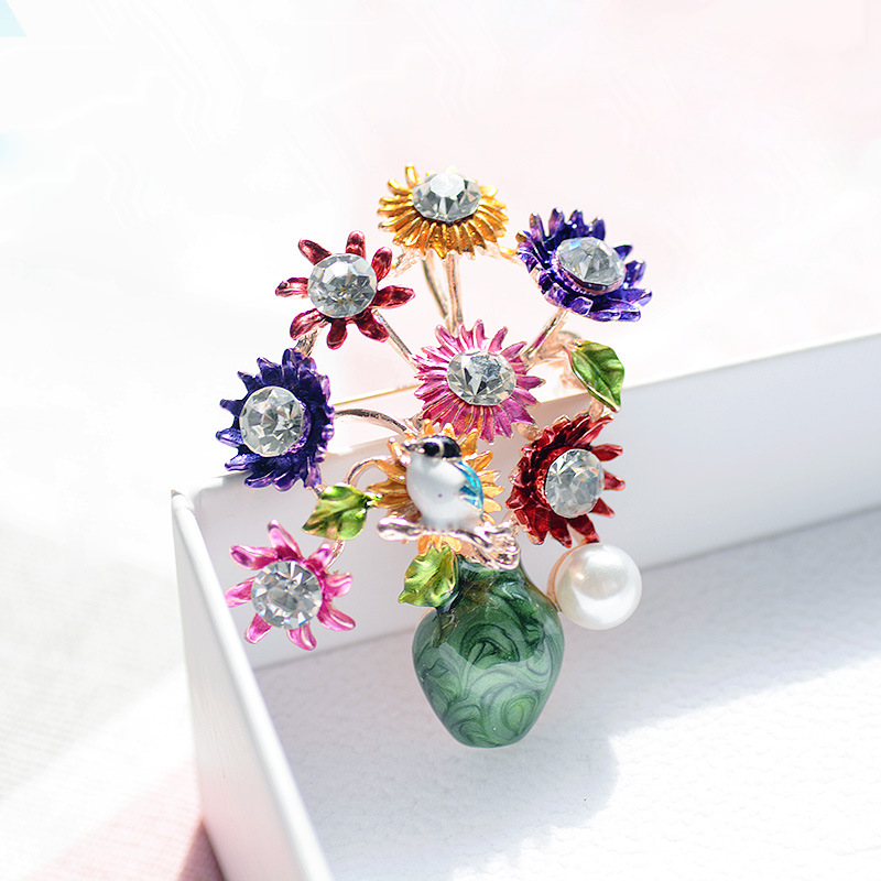 Painted Vase Flower Arrangement Brooch - Artistic Floral Jewelry