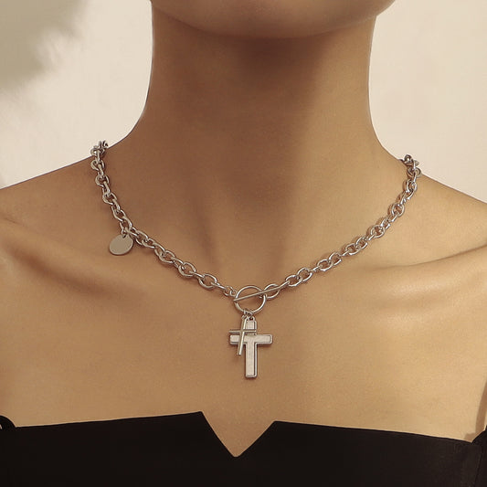 Punk Double Cross White Shell Pendant Necklace