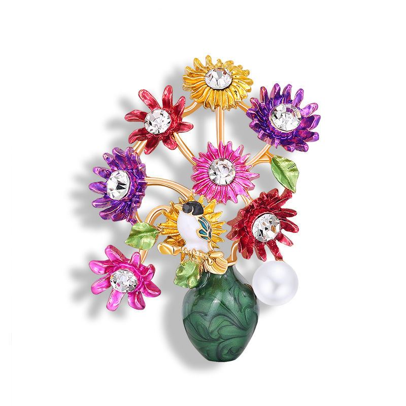 Painted Vase Flower Arrangement Brooch - Artistic Floral Jewelry