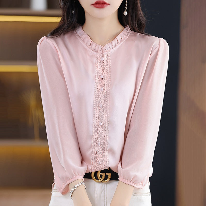 Ruffled Collar Solid Color Three-quarter Length Sleeve Shirt For Women