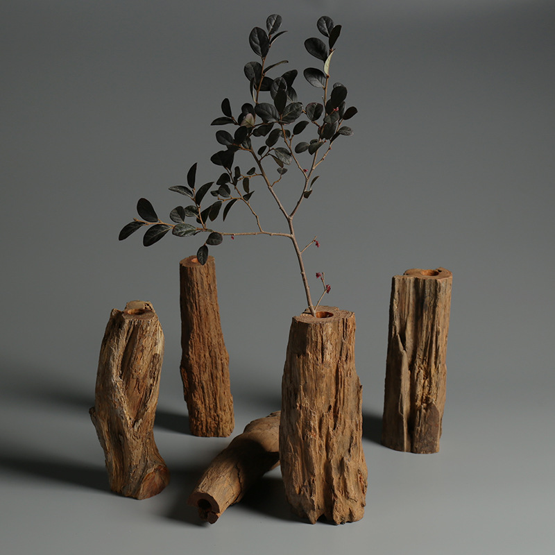 Flower Arrangement with Dead Wood - Small Solid Wood Vase & Landscape Ornament