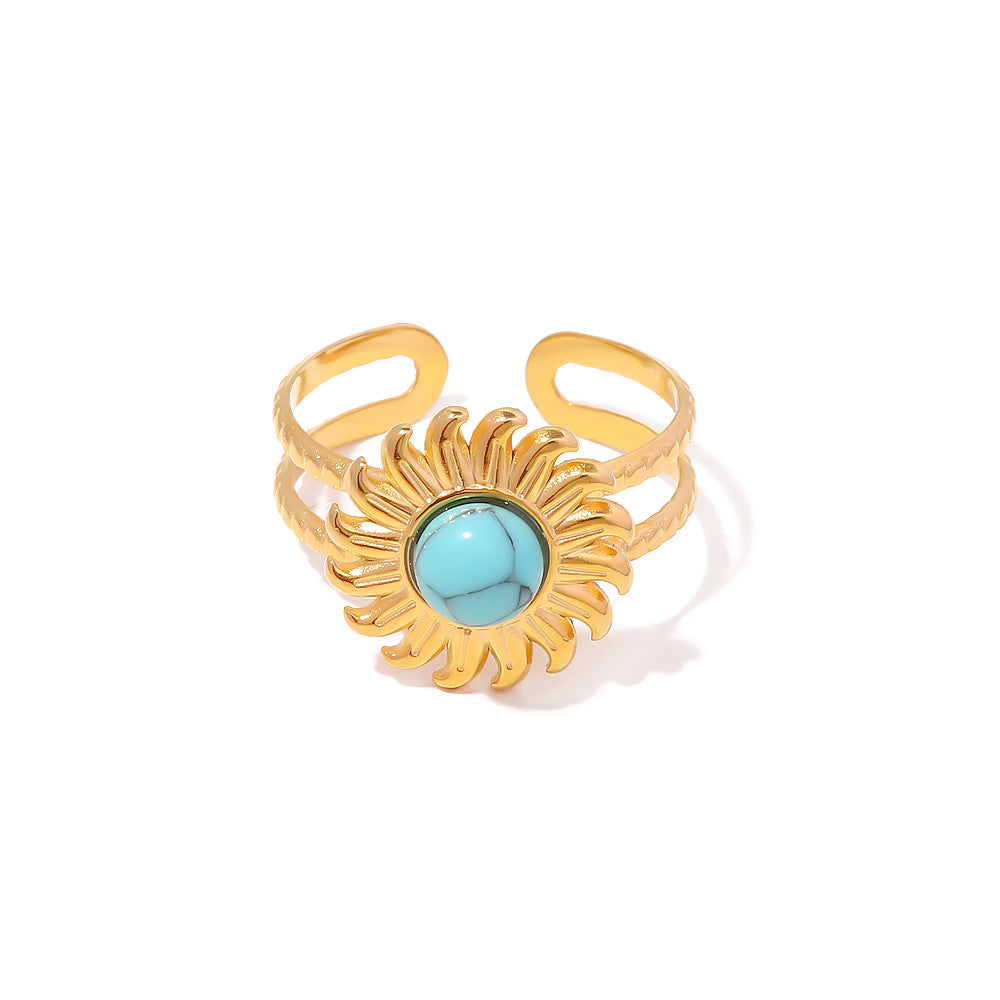 French Retro 18K Gold-plated Stainless Steel Inlaid Turquoise Ring For Women