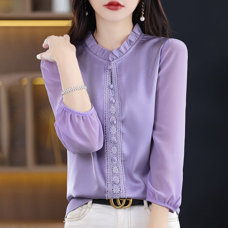 Ruffled Collar Solid Color Three-quarter Length Sleeve Shirt For Women