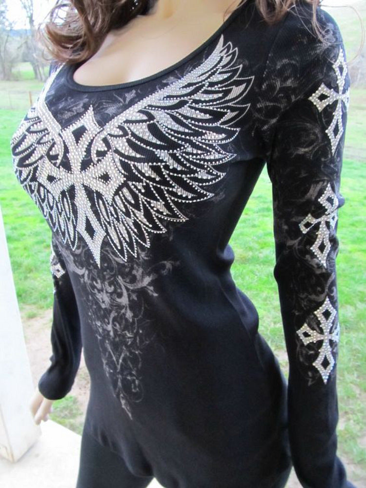 Women's Fashionable Temperament Flying Wings Printing Long Sleeve Square-neck Top