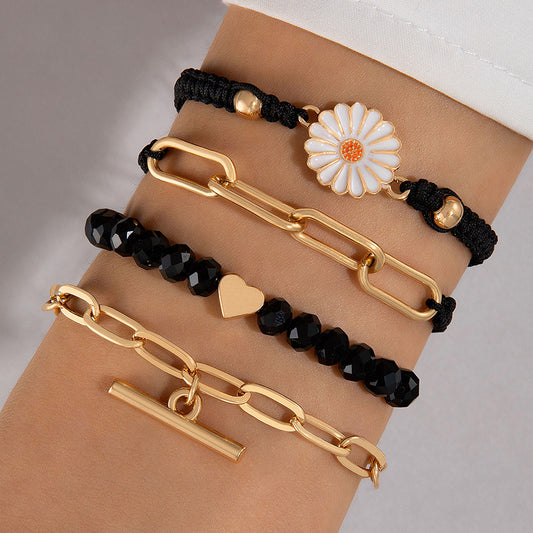 Fashion Vintage Alloy Chrysanthemum Black Beads With Rope Bracelet