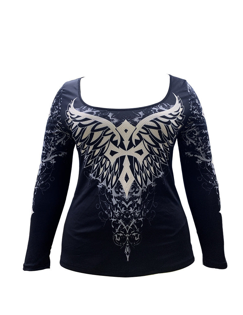 Women's Fashionable Temperament Flying Wings Printing Long Sleeve Square-neck Top