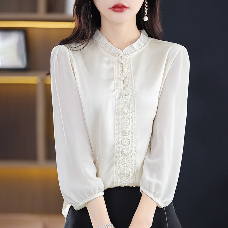 Ruffled Collar Solid Color Three-quarter Length Sleeve Shirt For Women